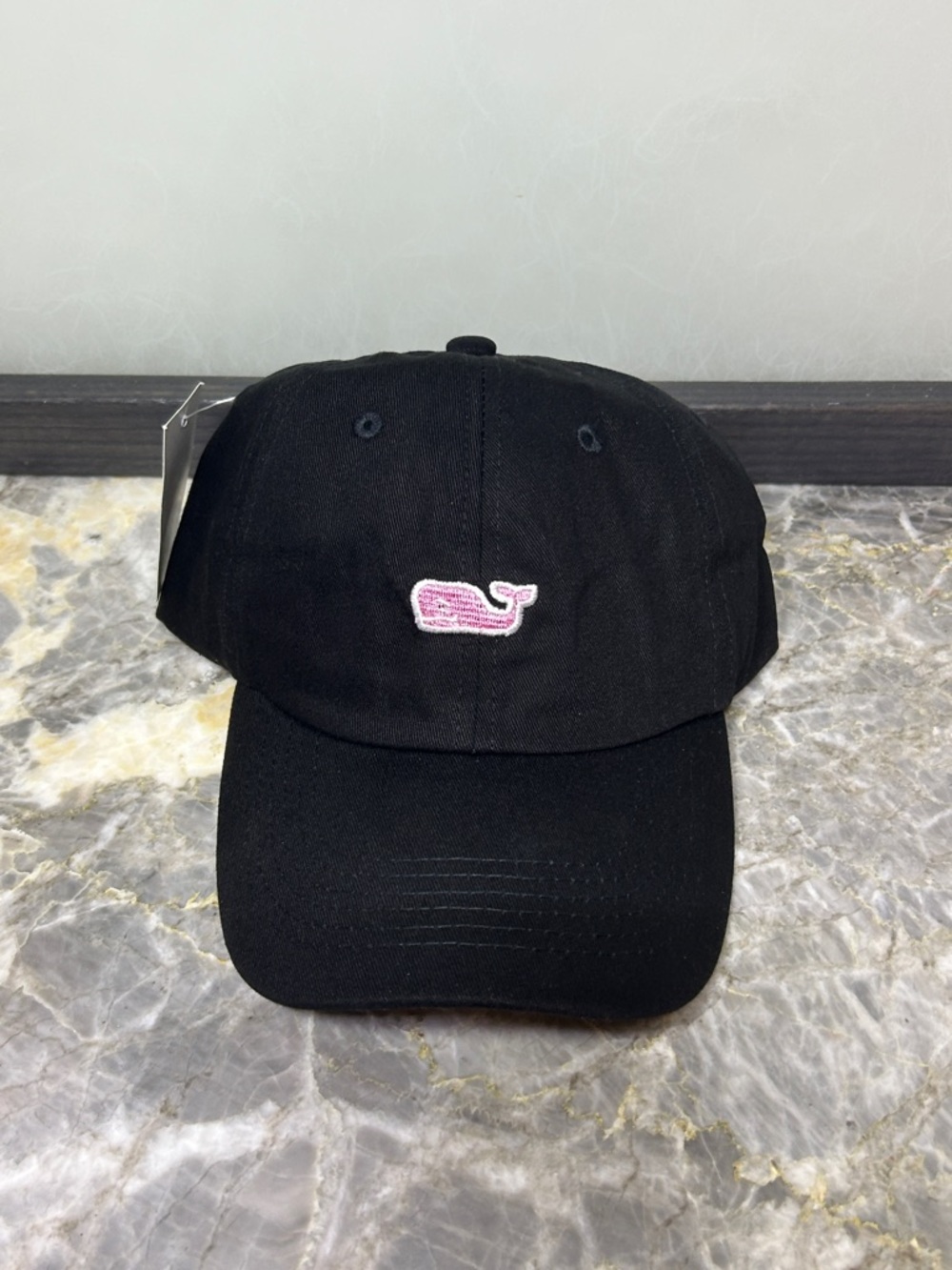 Vineyard Vines Black Baseball Cap with Pink Whale Embroidery